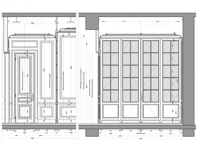 plans d’exécution des boiseries classiques de la nouvelle extension de l’hôtel Costes