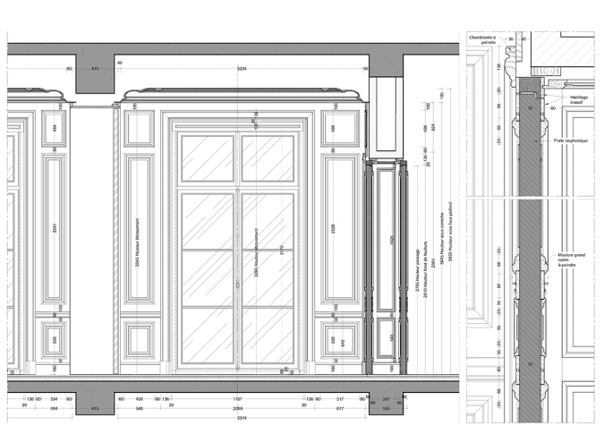 plans d’exécution des boiseries classiques de la nouvelle extension de l’hôtel Costes