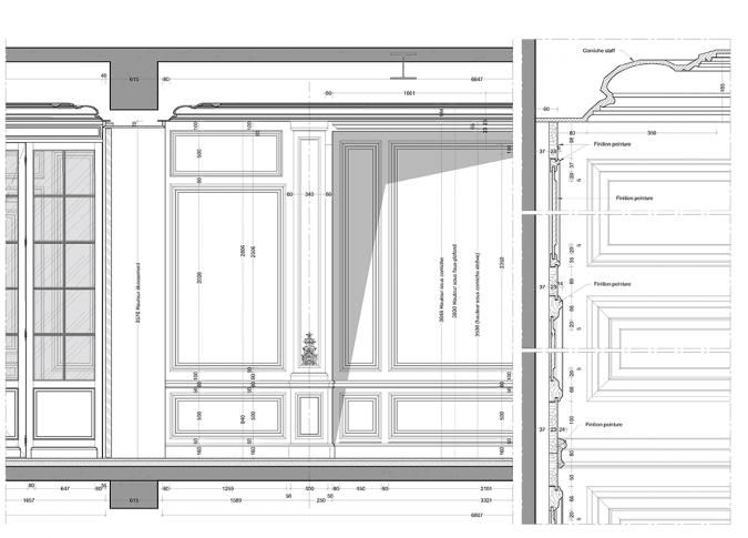 plans d’exécution des boiseries classiques de la nouvelle extension de l’hôtel Costes