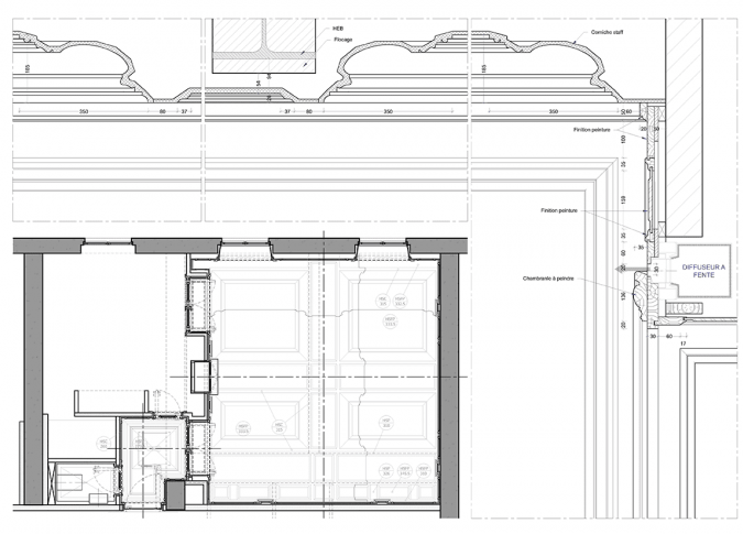 plans d’exécution des boiseries classiques de la nouvelle extension de l’hôtel Costes