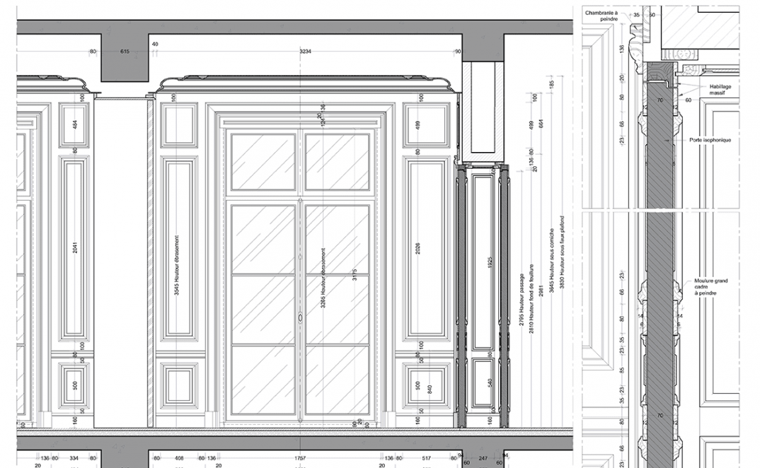 plans d’exécution des boiseries classiques de la nouvelle extension de l’hôtel Costes
